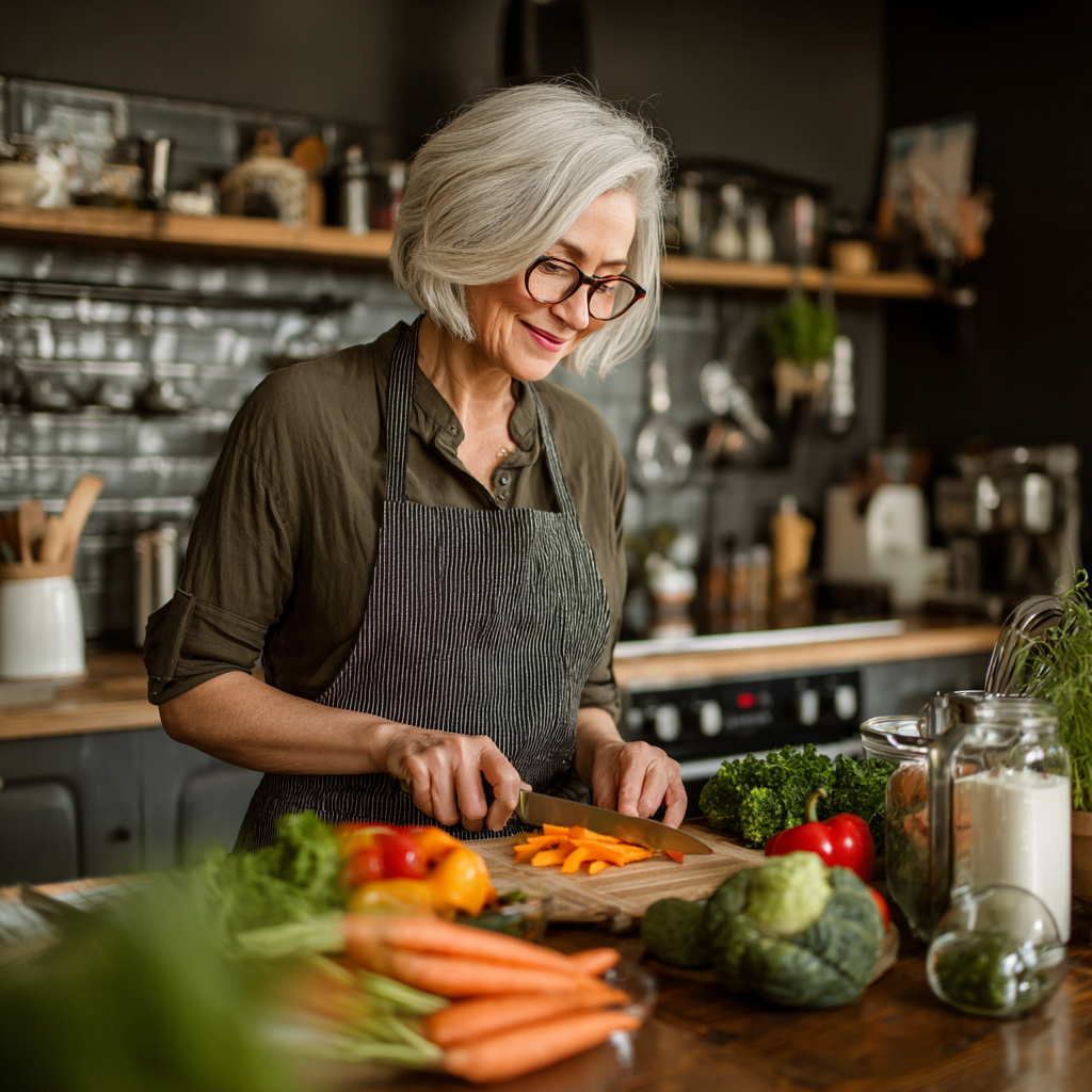 50 years old woman preparing healthy meal with colorful vegetables in modern kitchen