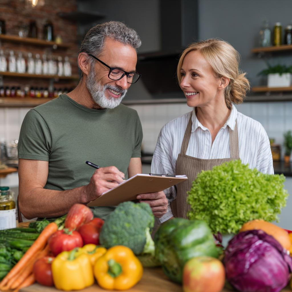 51 years old nutritionist consulting with adult client about healthy eating plan