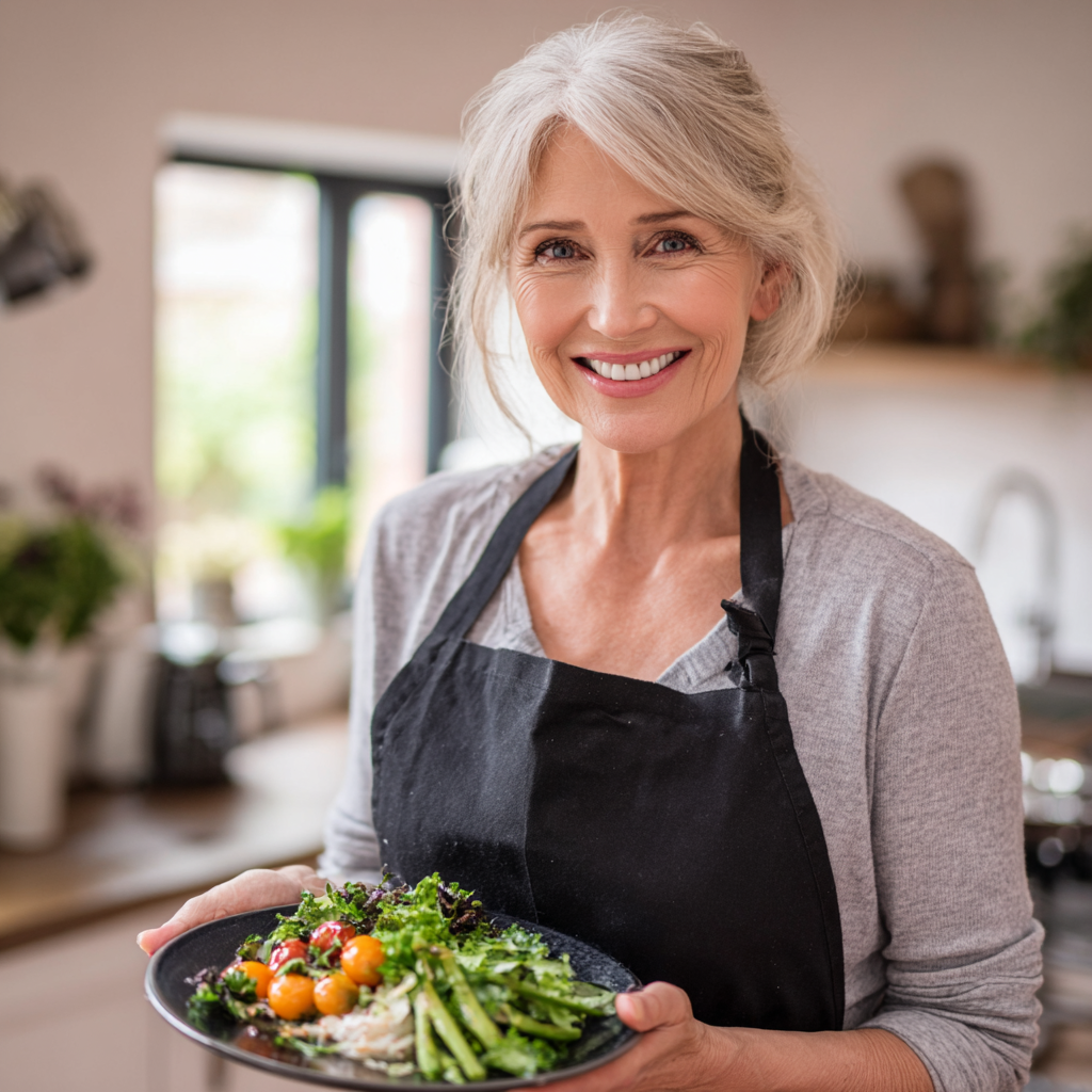 satisfied 52 years old woman showing healthy meal prepared according to mavrokent plan